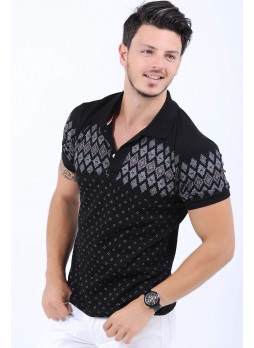Beyaz Desenli Polo Yaka Siyah T-Shirt