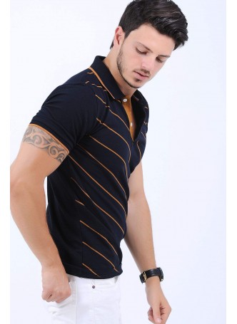 Turuncu Çizgili Polo Yaka Siyah T-Shirt