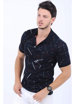 Çizgi Desen Polo Yaka Siyah T-Shirt