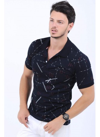 Çizgi Desen Polo Yaka Siyah T-Shirt