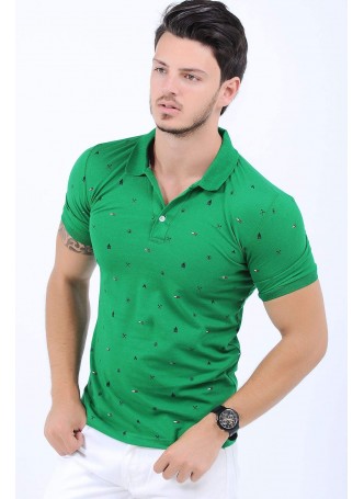 Desenli Polo Yaka Yeşil T-Shirt