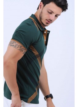 Çizgi Desen Polo Yaka Haki T-Shirt