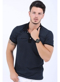 Mavi Beyaz Desen Polo Yaka Siyah T-Shirt