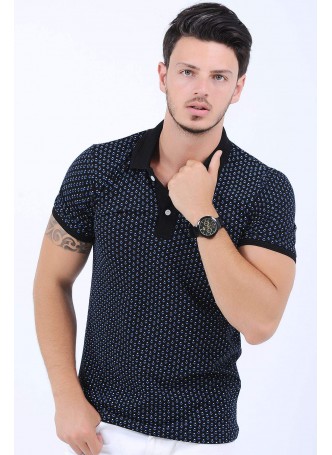 Mavi Beyaz Desen Polo Yaka Siyah T-Shirt