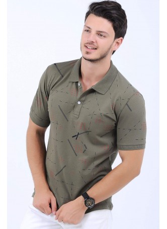 Çizgi Desen Polo Yaka Haki T-Shirt