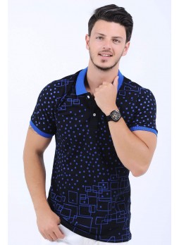 Puantiye Kare Çizgi Polo Yaka Siyah T-Shirt