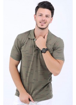 Çizgi Desenli Polo Yaka Haki T-Shirt