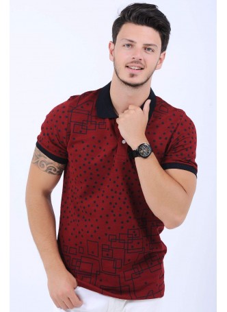 Puantiye Kare Çizgi Polo Yaka Bordo T-Shirt