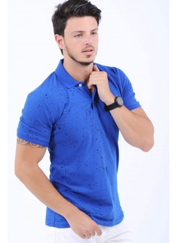 Püskürtme Desen Polo Yaka Mavi T-Shirt