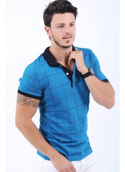 Çizgi Desen Polo Yaka Mavi T-Shirt