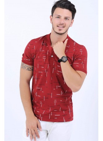 Çizgi Desen Polo Yaka Kırmızı T-Shirt