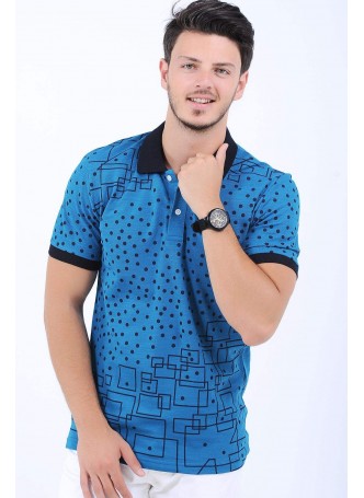 Puantiye Kare Çizgi Polo Yaka Mavi T-Shirt