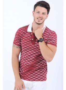 Beyaz Çizgi Desen Polo Yaka Bordo T-Shirt