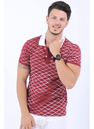 Beyaz Çizgi Desen Polo Yaka Bordo T-Shirt
