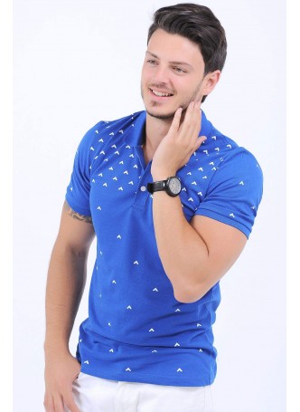 Beyaz Desen Polo Yaka Mavi T-Shirt