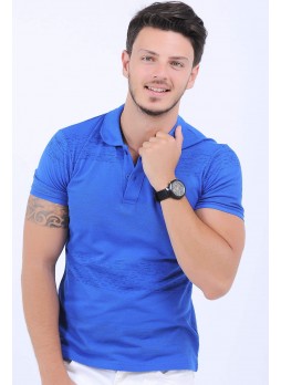 Püskürtme Desen Polo Yaka Mavi T-Shirt