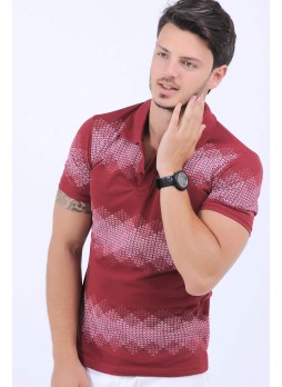 Beyaz Desenli Polo Yaka Bordo T-Shirt