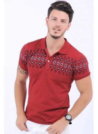 Siyah Desen Polo Yaka Kırmızı T-Shirt