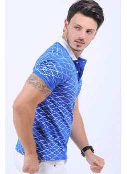 Beyaz Çizgi Desen Polo Yaka Mavi T-Shirt