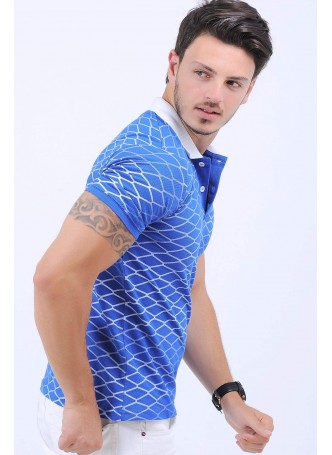 Beyaz Çizgi Desen Polo Yaka Mavi T-Shirt