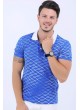 Beyaz Çizgi Desen Polo Yaka Mavi T-Shirt