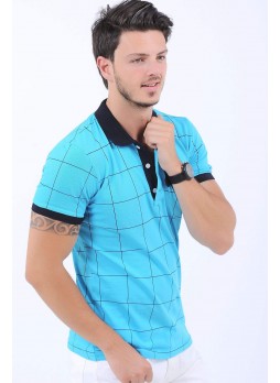 Siyah Çizgi Desen Polo Yaka Turkuaz T-Shirt