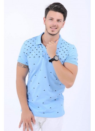 Siyah Desen Polo Yaka Açık Mavi T-Shirt