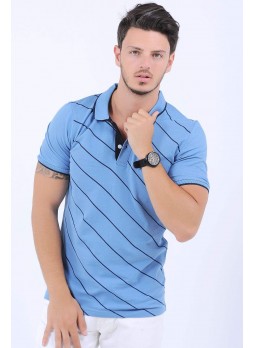 Siyah Çizgili Polo Yaka Açık Mavi T-Shirt