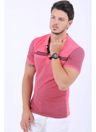 Siyah Noktalı Polo Yaka Pembe T-Shirt
