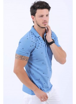 Siyah Desenli Polo Yaka Mavi T-Shirt