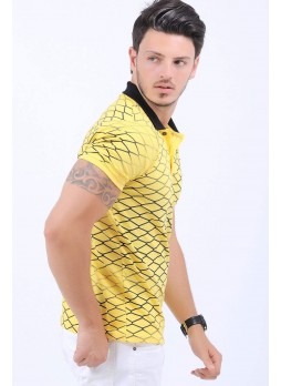 Siyah Çizgi Desen Polo Yaka Sarı T-Shirt