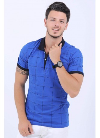 Siyah Kare Çizgi Polo Yaka Mavi T-Shirt