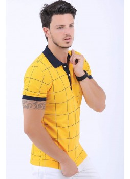 Siyah Kare Çizgi Polo Yaka Sarı T-Shirt