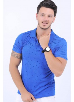 Kare Noktalı Polo Yaka Mavi T-Shirt