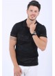 Püskürtme Desen Polo Yaka Siyah T-Shirt