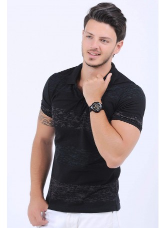 Püskürtme Desen Polo Yaka Siyah T-Shirt