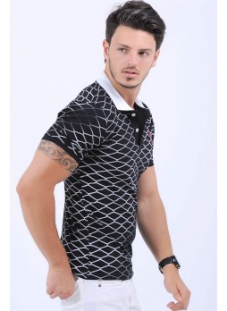Beyaz Çizgi Desen Polo Yaka Siyah T-Shirt