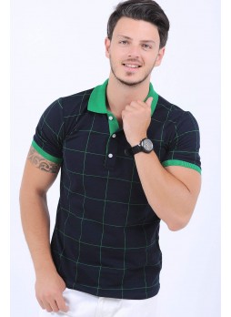 Yeşil Çizgili Polo Yaka Siyah T-Shirt
