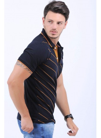 Turuncu Çizgili Polo Yaka Siyah T-Shirt