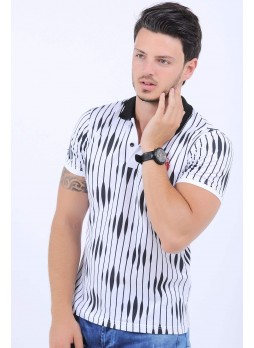 Siyah Desenli Polo Yaka Beyaz T-Shirt