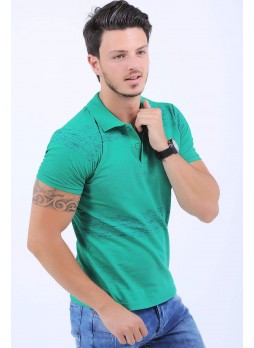 Püskürtme Desen Polo Yaka Yeşil T-Shirt