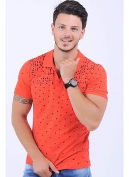 Siyah Kare Noktalı Polo Yaka Turuncu T-Shirt