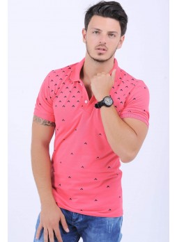 Lacivert Desen Polo Yaka Pembe T-Shirt