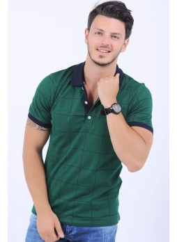Siyah Çizgi Desen Polo Yaka Yeşil T-Shirt