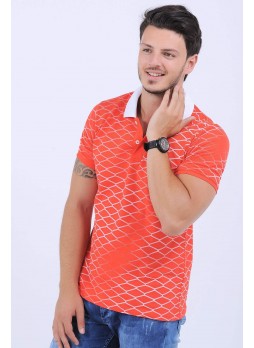 Beyaz Çizgi Desen Polo Yaka Turuncu T-Shirt