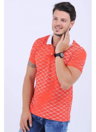 Beyaz Çizgi Desen Polo Yaka Turuncu T-Shirt