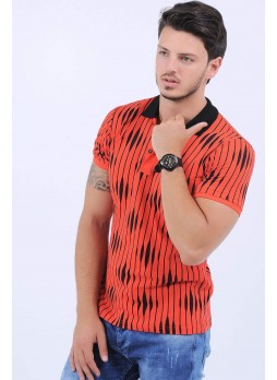 Siyah Desenli Polo Yaka Turuncu T-Shirt