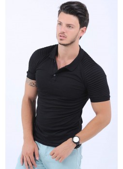 Omuz Tırtık Polo Yaka Siyah T-Shirt