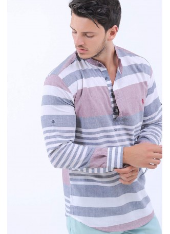 Bordo Gri Beyaz Hakim Yaka Gömlek