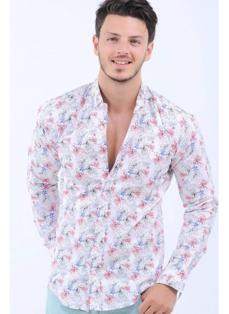 Kırmızı Gri Desen Beyaz Gömlek